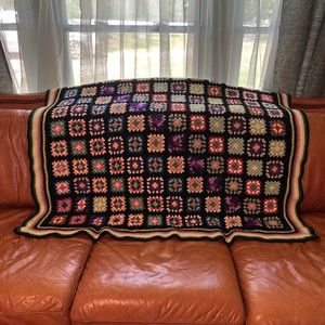 Granny Square Afghan Crochet Throw Blanket Black 52" x 44 Vintage Handmade